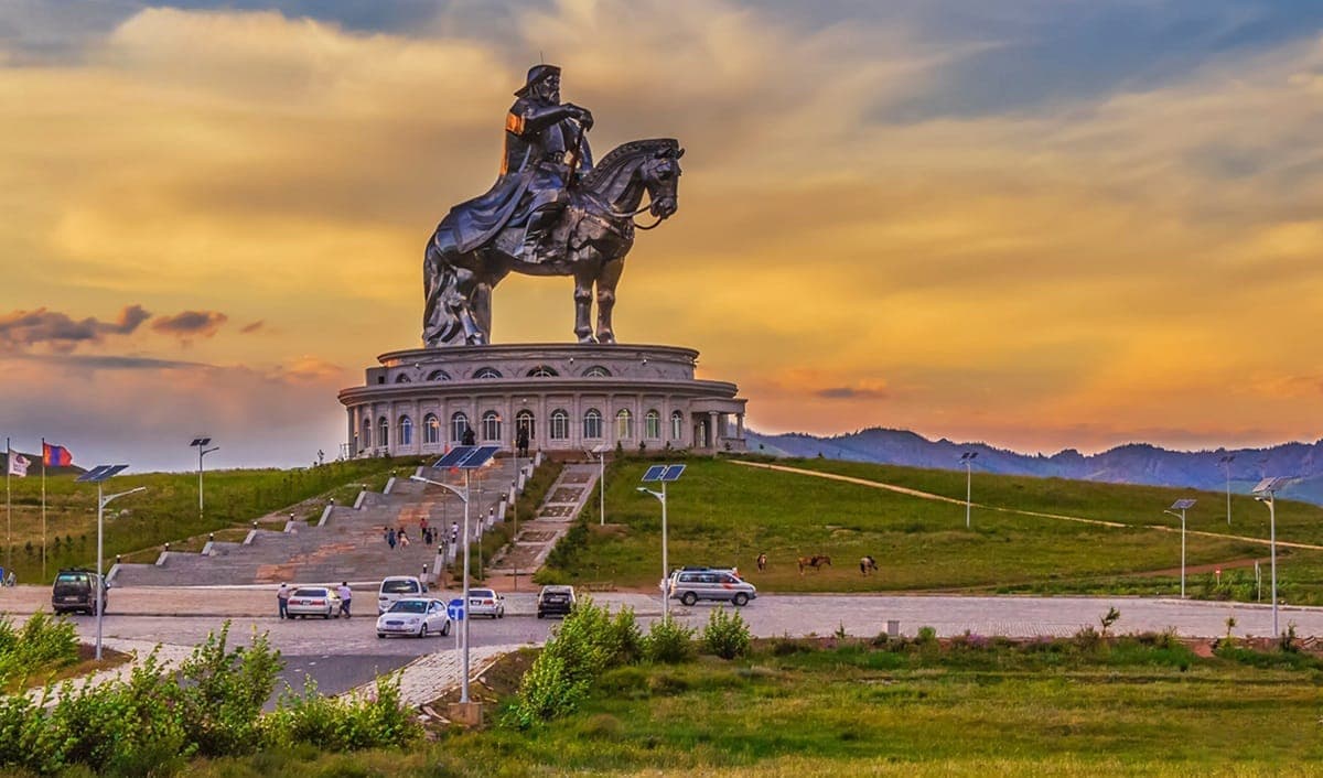 The Chinggis Khaan Equestrian Statue at sunset near Ulaanbaatar