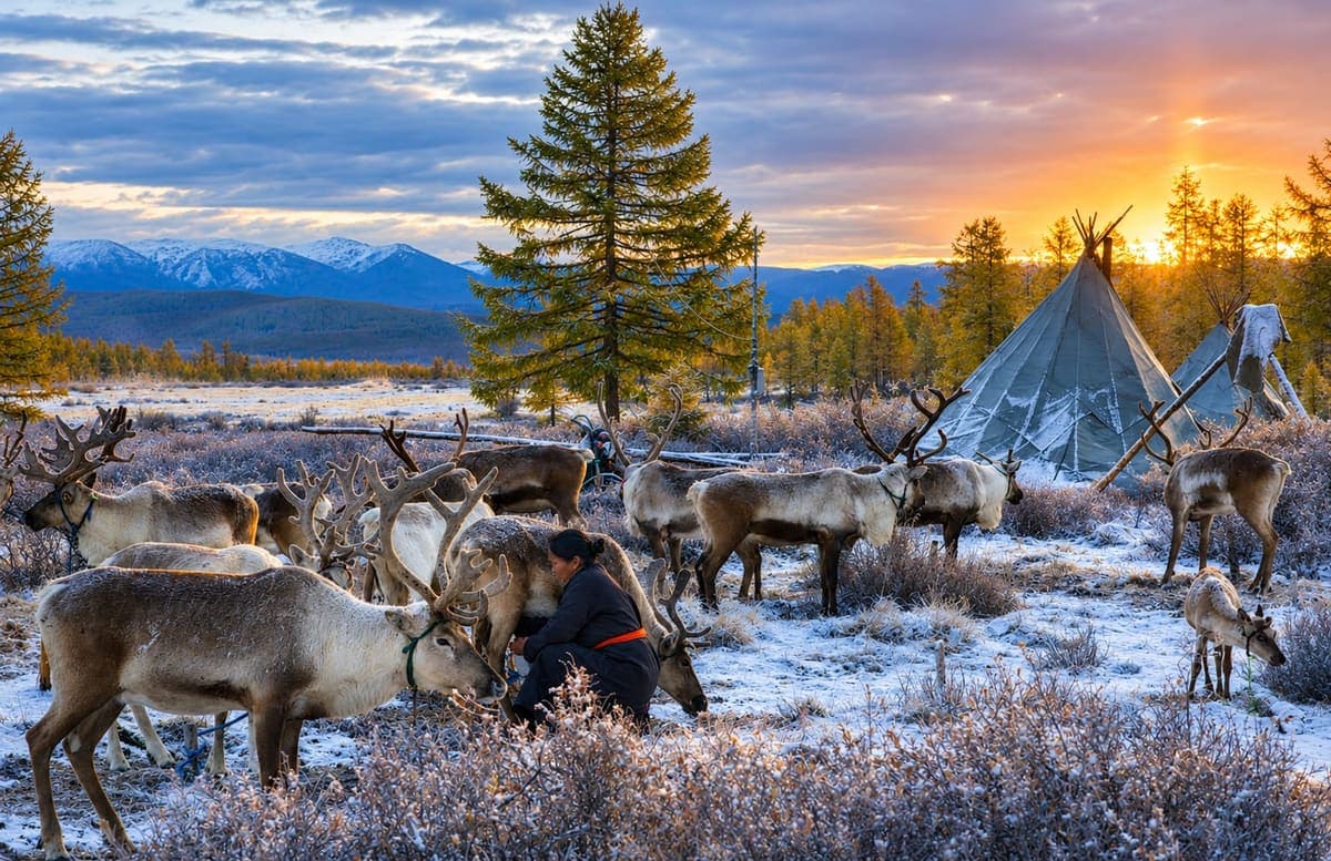 A Tsaatan reindeer herder kneeling among a reindeer herd at sunset, with birch forest and traditional ortz tepees in the background